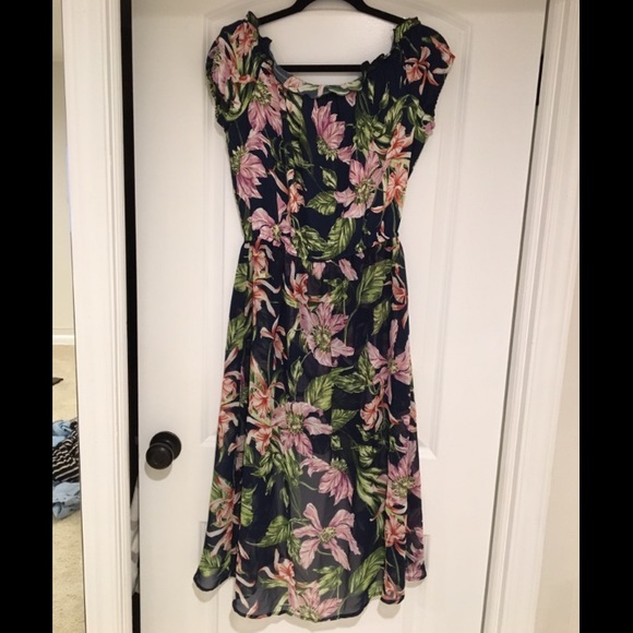 Off the Shoulder Navy Floral Romper with Skirt - Picture 3 of 5
